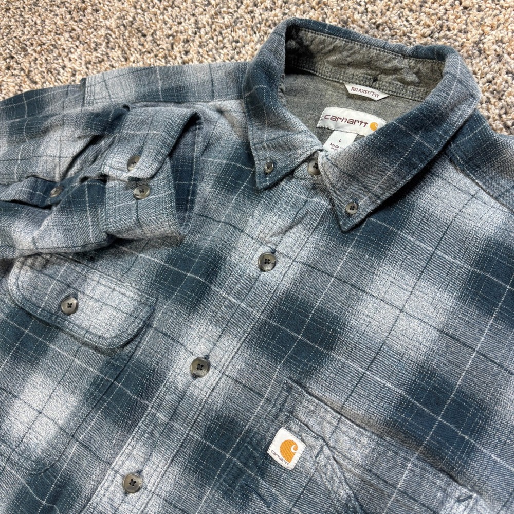 Carhartt Mens L Relaxed Fit Button Down Shirt Blue Gray Plaid Cotton Flannel